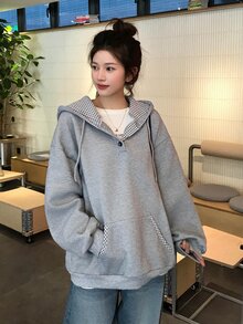DAZY Sweatshirt Lengan Panjang Wanita Gaya Korea Estetika Gadis dengan Tudung, Musim Semi/Panas/Gugur - Grey - View 5