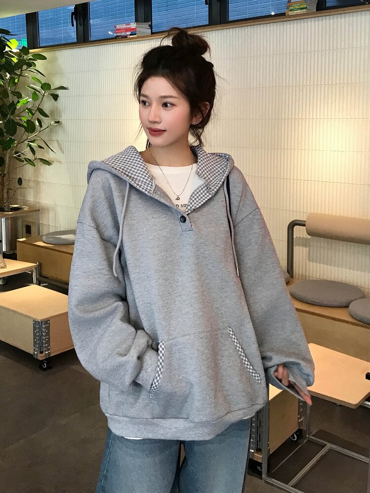 DAZY 女款韓系女孩風連帽長袖運動衫，春夏秋季適用 - 灰色 - 查看 5
