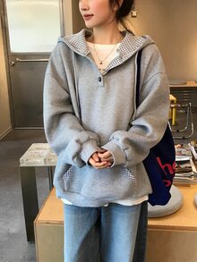 DAZY Sweatshirt Lengan Panjang Wanita Gaya Korea Estetika Gadis dengan Tudung, Musim Semi/Panas/Gugur - Grey - View 3