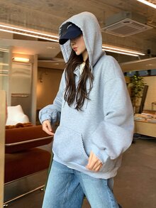 DAZY Sweatshirt Lengan Panjang Wanita Gaya Korea Estetika Gadis dengan Tudung, Musim Semi/Panas/Gugur - Grey - View 4