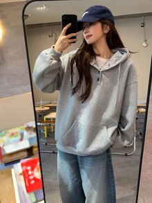 DAZY Sweatshirt Lengan Panjang Wanita Gaya Korea Estetika Gadis dengan Tudung, Musim Semi/Panas/Gugur - Grey - View 6