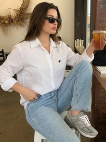 Dazy Plus Casual Elegant Versatile Spring/Summer Embroidered Pattern Loose Long Sleeve Shirt Collar White Blouse Fall Brunch Office - White - View 3