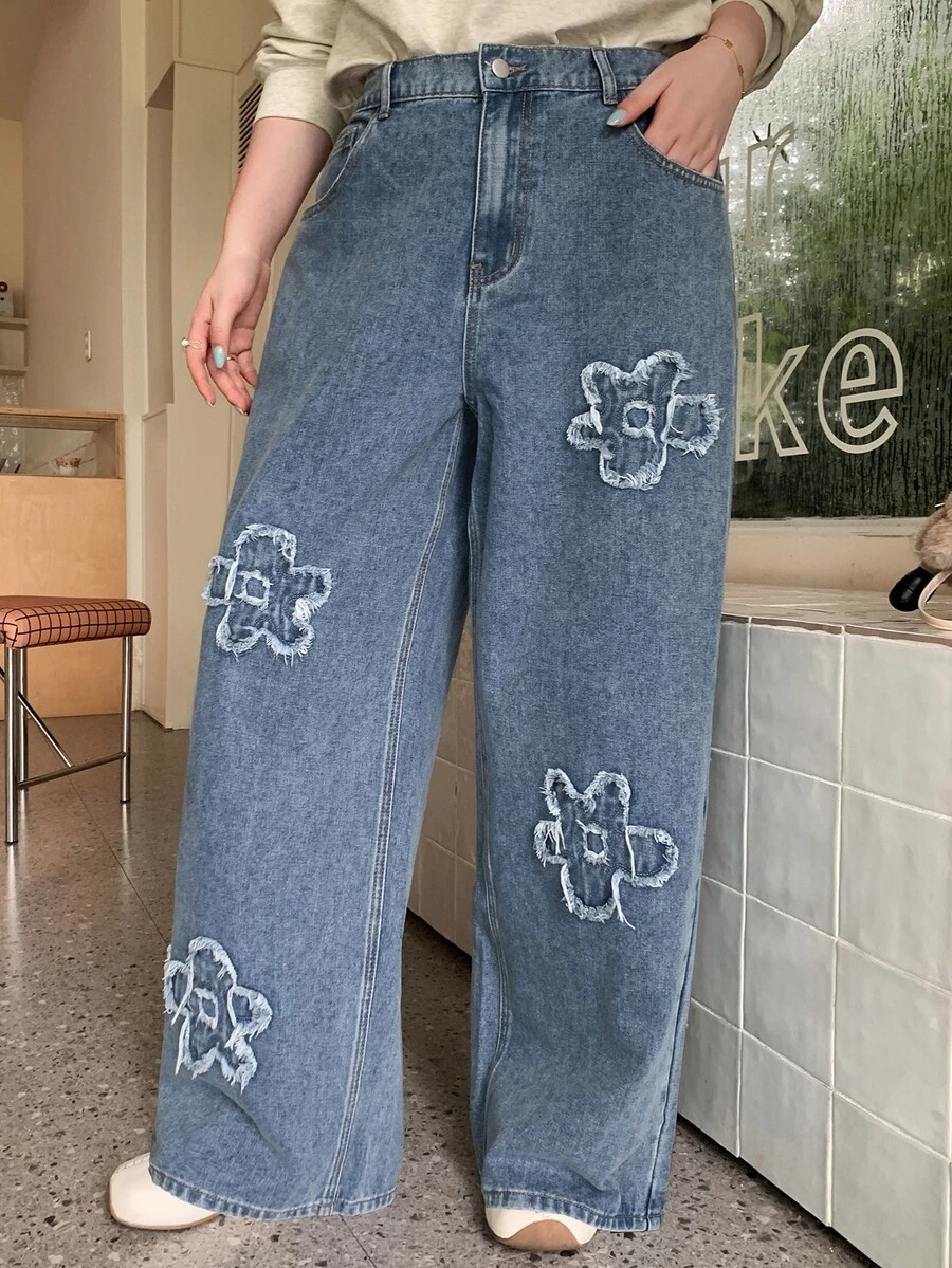 Dazy Plus Vintage Denim Jacquard Decor Casual Jeans For Girls, New Autumn All-Season Style - Medium Wash - View 1