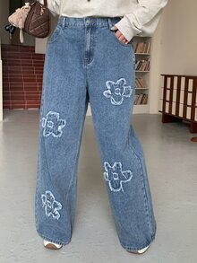 Dazy Plus Vintage Denim Jacquard Decor Casual Jeans For Girls, New Autumn All-Season Style - Medium Wash - View 5