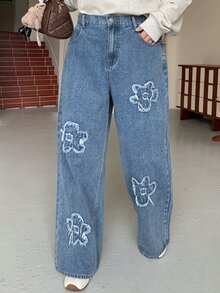 Dazy Plus Vintage Denim Jacquard Decor Casual Jeans For Girls, New Autumn All-Season Style - Medium Wash - View 6
