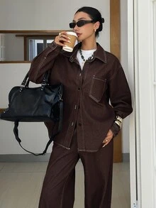 DAZY Women's Long Sleeve Single-Breasted Pocket Shirt And Long Pants Casual Denim Set Fall - Brown - View 8