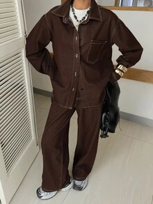 DAZY Women's Long Sleeve Single-Breasted Pocket Shirt And Long Pants Casual Denim Set Fall - Brown - View 4