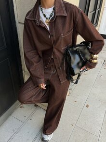 DAZY Women's Long Sleeve Single-Breasted Pocket Shirt And Long Pants Casual Denim Set Fall - Brown - View 3