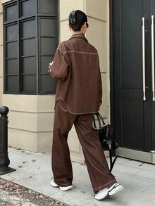 DAZY Women's Long Sleeve Single-Breasted Pocket Shirt And Long Pants Casual Denim Set Fall - Brown - View 2