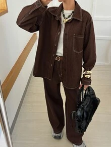 DAZY Women's Long Sleeve Single-Breasted Pocket Shirt And Long Pants Casual Denim Set Fall - Brown - View 6