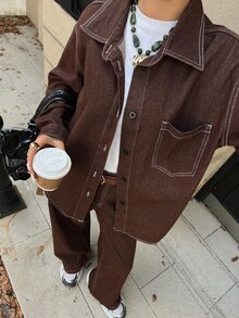 DAZY Women's Long Sleeve Single-Breasted Pocket Shirt And Long Pants Casual Denim Set Fall - Brown - View 1