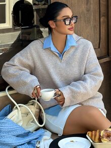 Livesso Autumn/Winter Loose Business Casual Style Fashion Solid Color Versatile Half-Open Front Pullover Knit Sweater For New Year, Christmas, Wedding - Camel - View 4