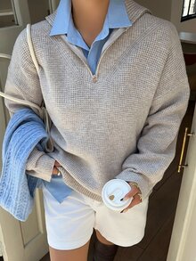 Livesso Autumn/Winter Loose Business Casual Style Fashion Solid Color Versatile Half-Open Front Pullover Knit Sweater For New Year, Christmas, Wedding - Camel - View 1