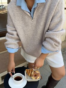 Livesso Autumn/Winter Loose Business Casual Style Fashion Solid Color Versatile Half-Open Front Pullover Knit Sweater For New Year, Christmas, Wedding - Camel - View 7