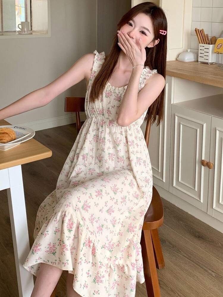 DAZY Ditsy Floral Frill Trim Spaghetti Strap Sleeveless Dress Nightgown For Women - Beige - View 4