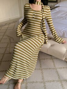 DAZY Women's Striped Button Design Long Sleeve Casual Nightgown Fall - Olive Green - View 5
