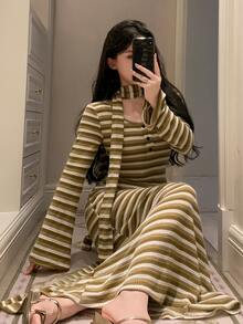 DAZY Women's Striped Button Design Long Sleeve Casual Nightgown Fall - Olive Green - View 1
