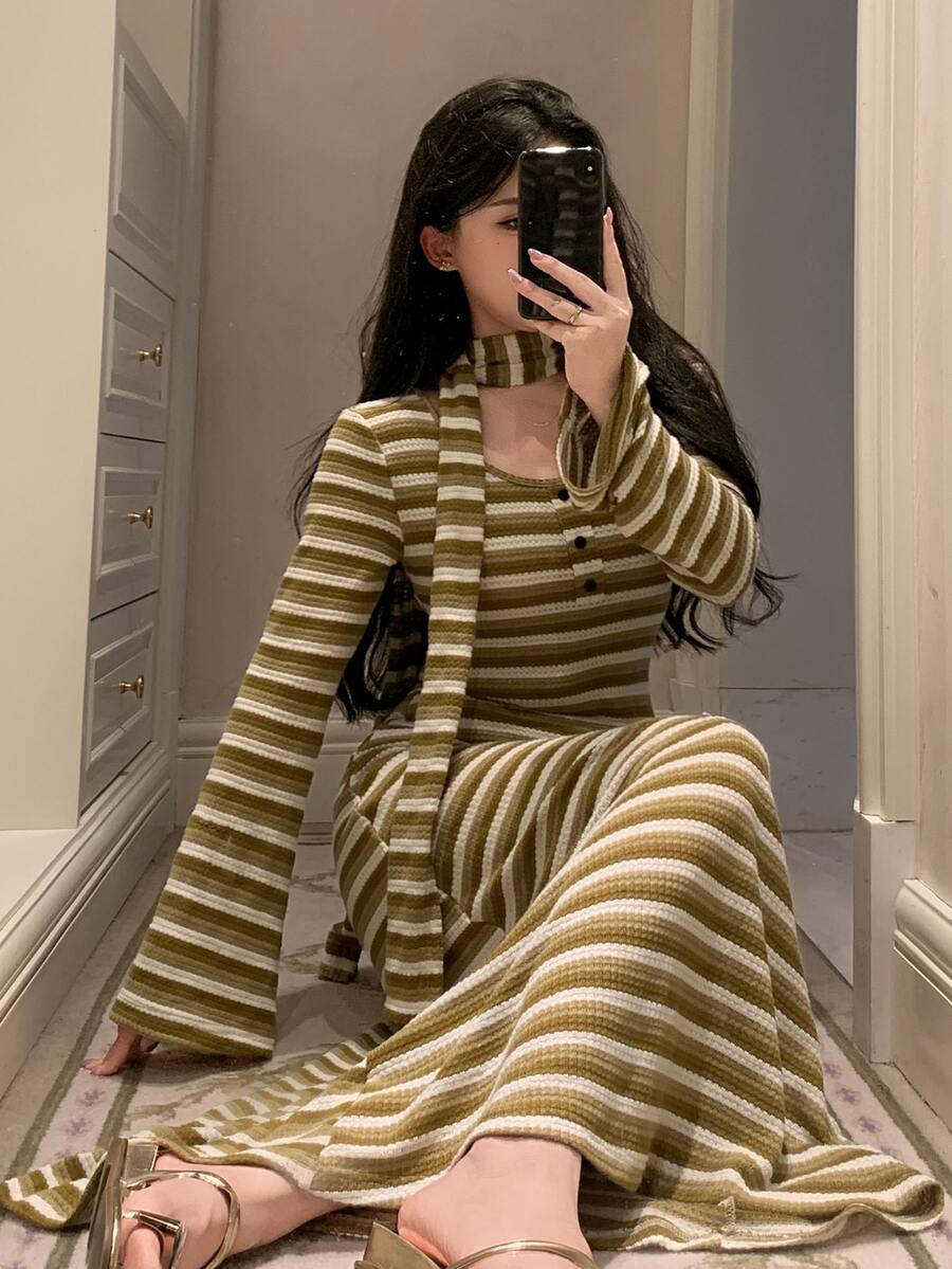 DAZY Women's Striped Button Design Long Sleeve Casual Nightgown Fall - Olive Green - View 1