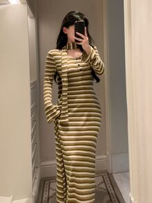 DAZY Women's Striped Button Design Long Sleeve Casual Nightgown Fall - Olive Green - View 4