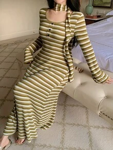 DAZY Women's Striped Button Design Long Sleeve Casual Nightgown Fall - Olive Green - View 6