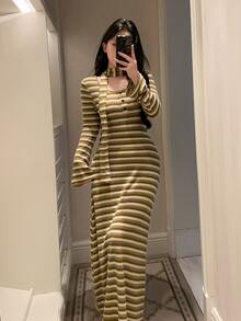DAZY Women's Striped Button Design Long Sleeve Casual Nightgown Fall - Olive Green - View 3