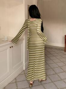 DAZY Women's Striped Button Design Long Sleeve Casual Nightgown Fall - Olive Green - View 2