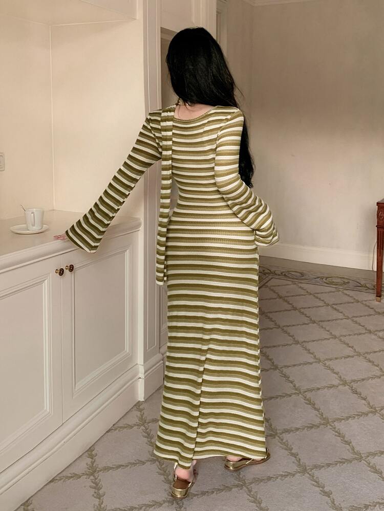 DAZY Women's Striped Button Design Long Sleeve Casual Nightgown Fall - Olive Green - View 2