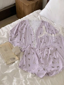 DAZY 3pcs Cute Bear Print All-Over Pattern Camisole Cardigan Shorts Pajama Set For Women Fall - Purple - View 5
