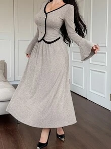 DAZY Autumn V-Neck Cold Shoulder Long Sleeve Fitted Lace Camisole Ribbed Knit Fabric Coffee Color Sweet Style Women's Sweater 2 Pieces Set - Apricot - View 6