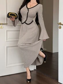 DAZY Autumn V-Neck Cold Shoulder Long Sleeve Fitted Lace Camisole Ribbed Knit Fabric Coffee Color Sweet Style Women's Sweater 2 Pieces Set - Apricot - View 4