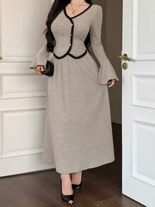 DAZY Autumn V-Neck Cold Shoulder Long Sleeve Fitted Lace Camisole Ribbed Knit Fabric Coffee Color Sweet Style Women's Sweater 2 Pieces Set - Apricot - View 3