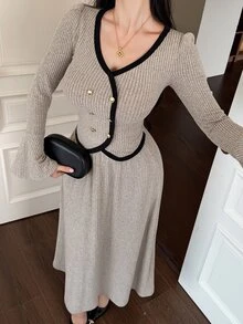 DAZY Autumn V-Neck Cold Shoulder Long Sleeve Fitted Lace Camisole Ribbed Knit Fabric Coffee Color Sweet Style Women's Sweater 2 Pieces Set - Apricot - View 1