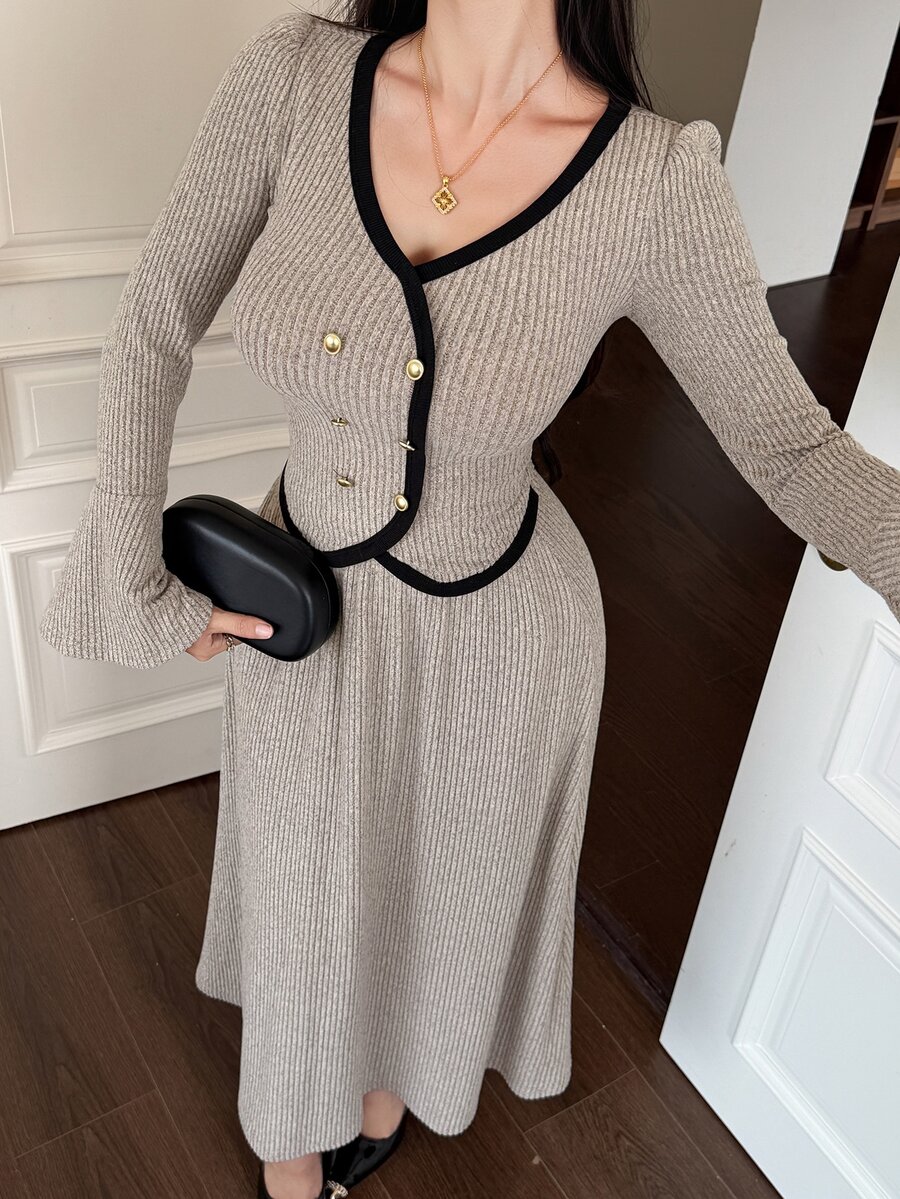 DAZY Autumn V-Neck Cold Shoulder Long Sleeve Fitted Lace Camisole Ribbed Knit Fabric Coffee Color Sweet Style Women's Sweater 2 Pieces Set - Apricot - View 1