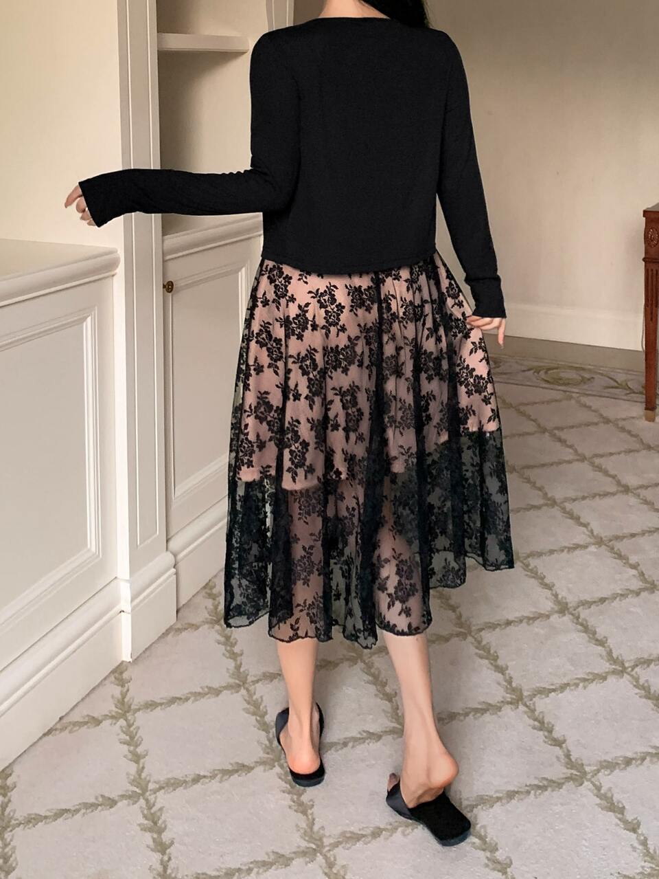 Women's Long Sleeve Top Lace Dress Pajama Set Fall