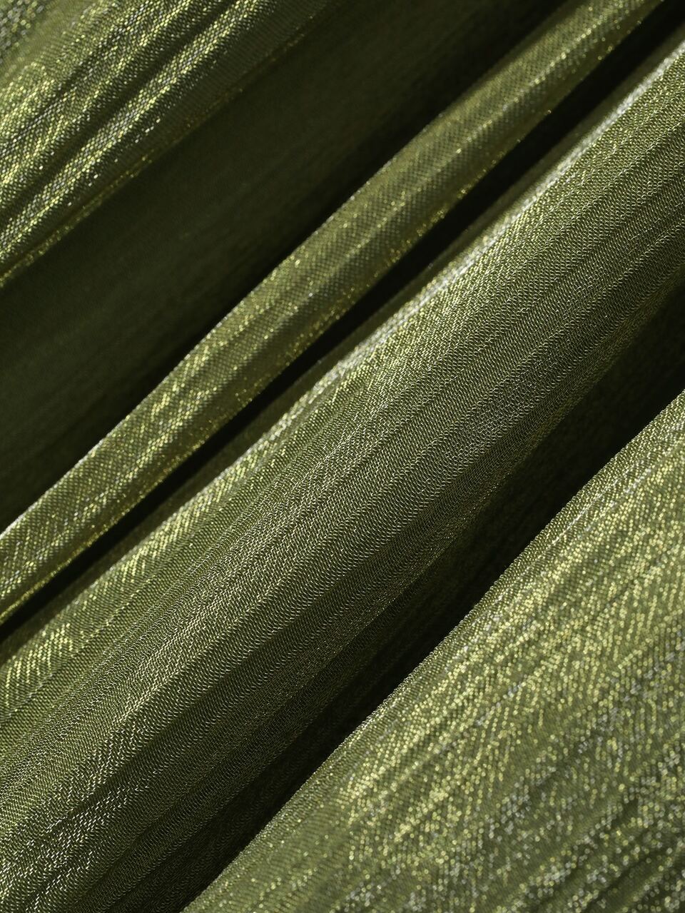 Autumn Round Neck Lantern Sleeve Cinched Waist Pleated Glossy Chiffon Fabric Army Green Elegant Style Women's Mid-Length Dress