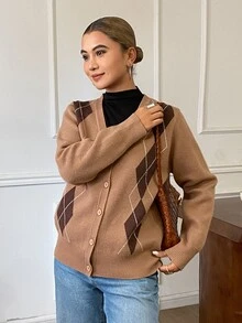 DAZY Cardigan Rajut Argyle Lengan Panjang Leher V Kancing Depan untuk Wanita, Warna Cokelat, Gaya Preppy - Coklat - View 5