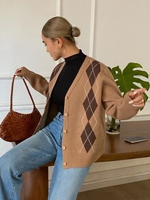 DAZY Cardigan Rajut Argyle Lengan Panjang Leher V Kancing Depan untuk Wanita, Warna Cokelat, Gaya Preppy - Coklat - View 6