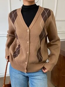 DAZY Cardigan Rajut Argyle Lengan Panjang Leher V Kancing Depan untuk Wanita, Warna Cokelat, Gaya Preppy - Coklat - View 4