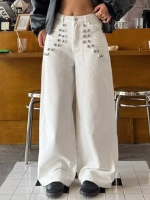 DAZY Women's White Metal Rivet Decor High Waist Loose Wide Leg Punk Street Casual 90s Streetwear Party Night Out Date Daily Denim Jeans, Summer/ - White - View 7