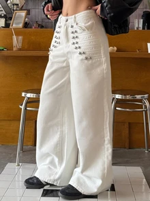 DAZY Women's White Metal Rivet Decor High Waist Loose Wide Leg Punk Street Casual 90s Streetwear Party Night Out Date Daily Denim Jeans, Summer/ - White - View 2