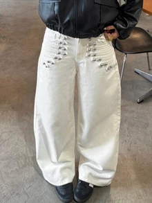 DAZY Women's White Metal Rivet Decor High Waist Loose Wide Leg Punk Street Casual 90s Streetwear Party Night Out Date Daily Denim Jeans, Summer/ - White - View 4