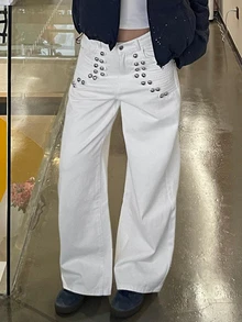 DAZY Women's White Metal Rivet Decor High Waist Loose Wide Leg Punk Street Casual 90s Streetwear Party Night Out Date Daily Denim Jeans, Summer/ - White - View 3