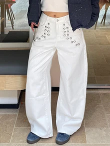 DAZY Women's White Metal Rivet Decor High Waist Loose Wide Leg Punk Street Casual 90s Streetwear Party Night Out Date Daily Denim Jeans, Summer/ - White - View 6
