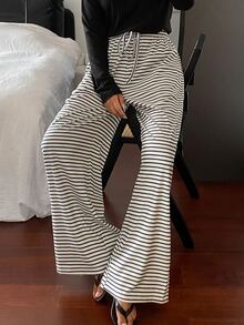 DAZY Women's Colorblock Striped Loose Drawstring Elastic Waist Wide Leg Sweatpants, Casual Vacation Daily Korean Style Autumn/Winter Long Pants - White - View 6