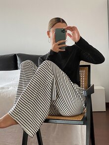 DAZY Women's Colorblock Striped Loose Drawstring Elastic Waist Wide Leg Sweatpants, Casual Vacation Daily Korean Style Autumn/Winter Long Pants - White - View 7