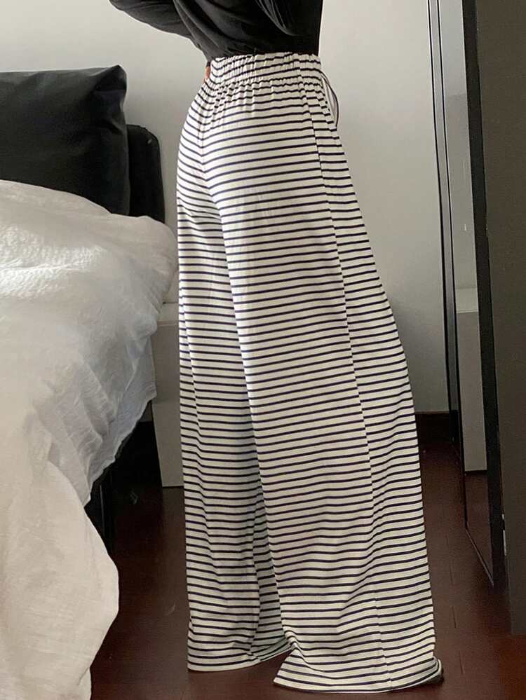 DAZY 女款拼色條紋寬鬆抽繩彈性腰寬腿運動長褲，休閒度假日常韓風秋冬長褲 - 白色 - 查看 2