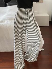 DAZY Women's Colorblock Striped Loose Drawstring Elastic Waist Wide Leg Sweatpants, Casual Vacation Daily Korean Style Autumn/Winter Long Pants - White - View 1