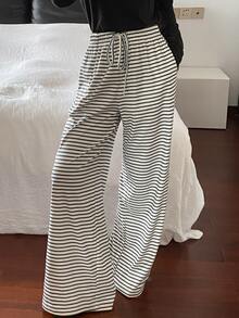 DAZY Women's Colorblock Striped Loose Drawstring Elastic Waist Wide Leg Sweatpants, Casual Vacation Daily Korean Style Autumn/Winter Long Pants - White - View 3