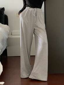 DAZY Women's Colorblock Striped Loose Drawstring Elastic Waist Wide Leg Sweatpants, Casual Vacation Daily Korean Style Autumn/Winter Long Pants - White - View 5