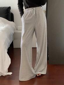 DAZY Women's Colorblock Striped Loose Drawstring Elastic Waist Wide Leg Sweatpants, Casual Vacation Daily Korean Style Autumn/Winter Long Pants - White - View 4